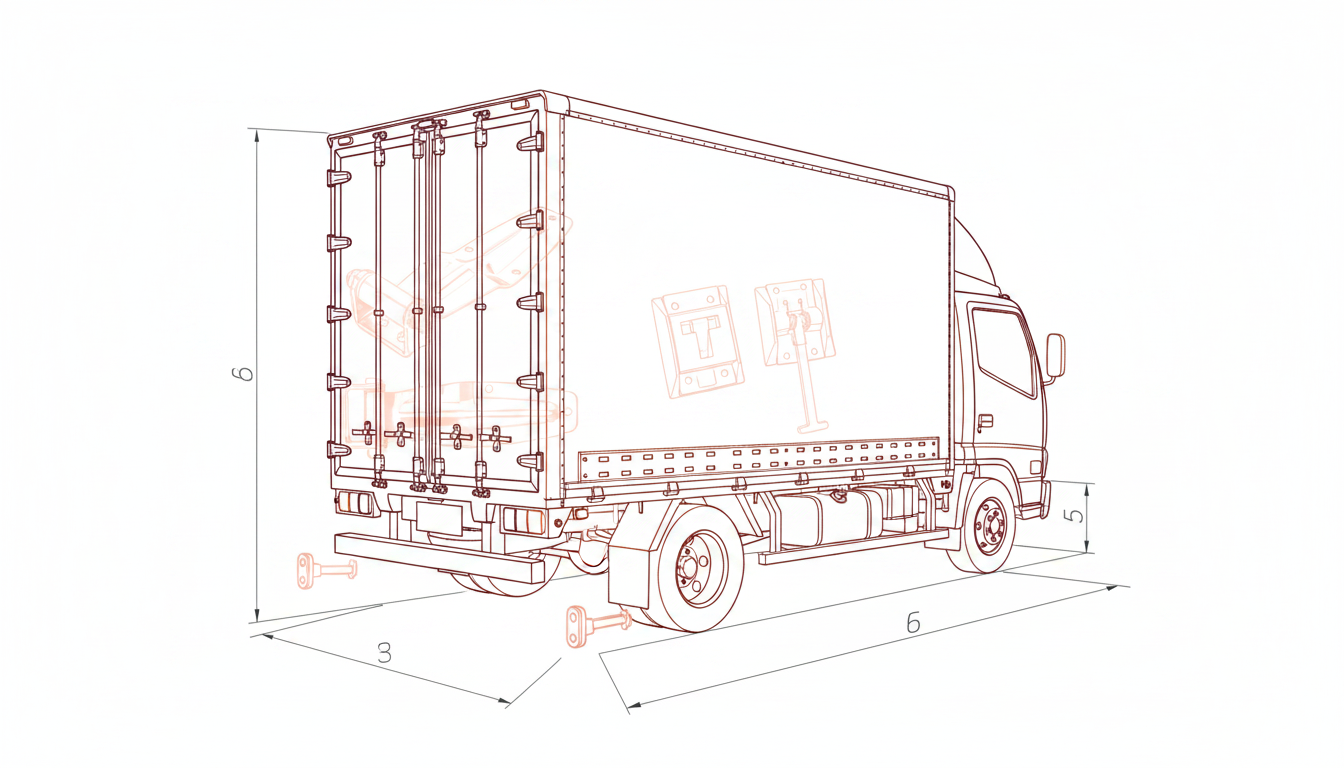 Line-only Japanese rear-side box truck blueprint with pale-red cargo-door hardware overlay drawings and dimensions